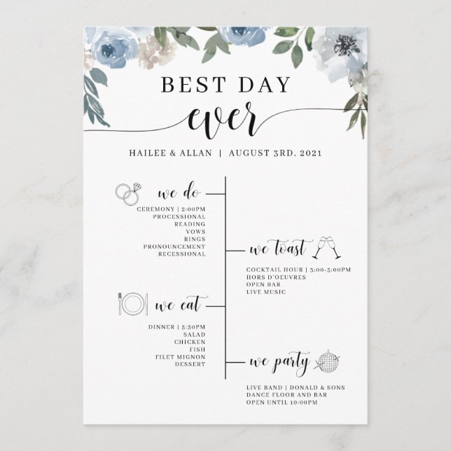 Programme Blue Floral Meilleur Jour jamais Mariage Timeline  (Devant)