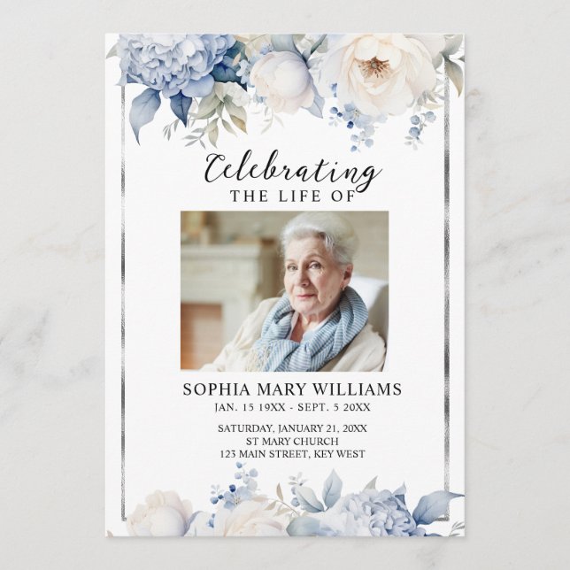 Programme Blue Flowers Memorial Funeral Order of Service (Devant)