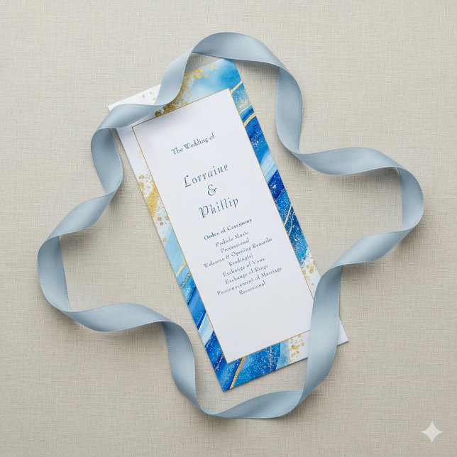 Programme Blue Gold Elegant ordre moderne de cérémonie maria (Blue and gold wedding program)
