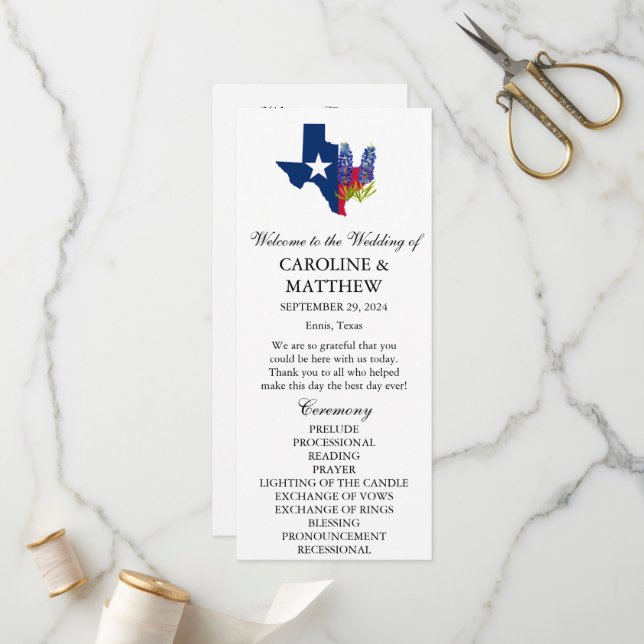 Programme Bluebonnets Blue Floral Texas Modern Mariage (Devant/Arrière en situation)