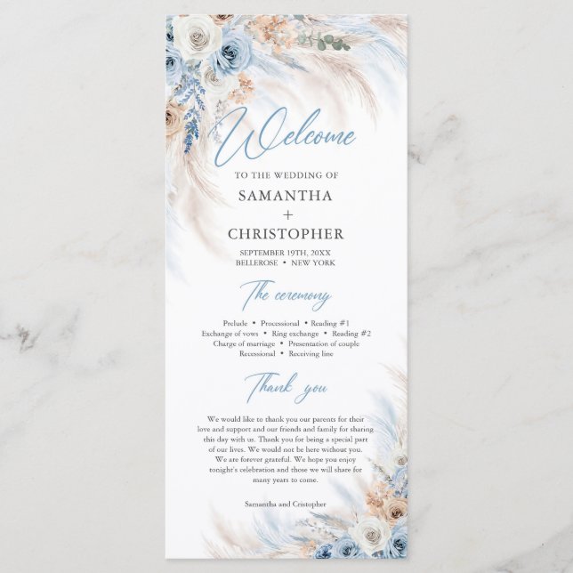 Programme Boho Blue Floral et ivoire Roses Pampas mariage (Devant)