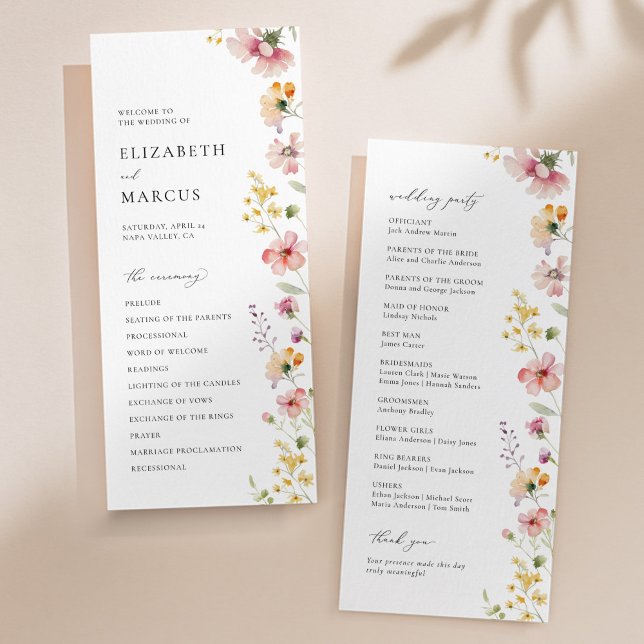 Programme Boho Meadow Wildflower Wedding Program (Boho meadow wildflower wedding program with pastel florals and elegant serif typography)