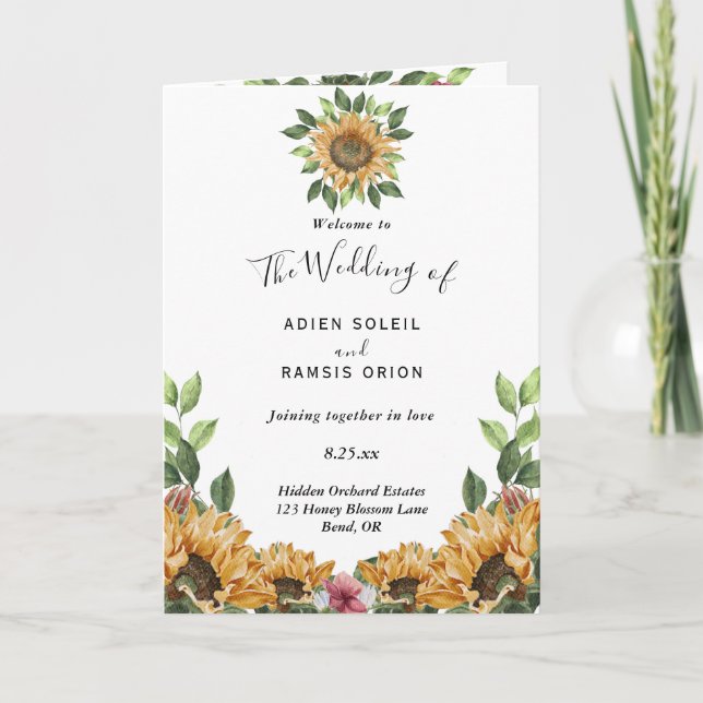 Programme Boho tournesol Fleur sauvage rustique Mariage plié (Devant)