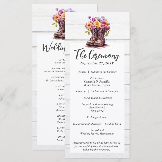 Programme Bottes rustiques en bois et fleurs Mariage à la fe (Devant / Derrière)