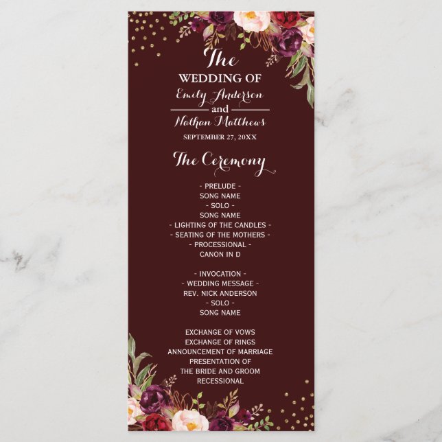 Programme Bourgogne Gold Confetti Floral Wedding Program (Devant)