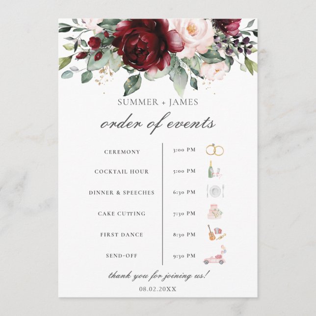 Programme Burgundy Blush Floral Mariage Ordre de l'événement (Devant)