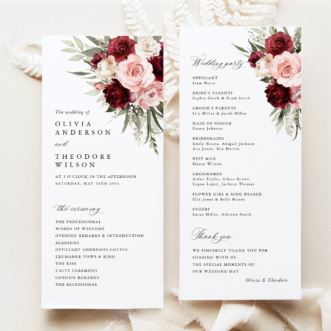 Programme Burgundy Blush Pink Floral Wedding Ceremony (burgundy blush pink floral wedding program card, ceremony program, elegant burgundy rose stationery)