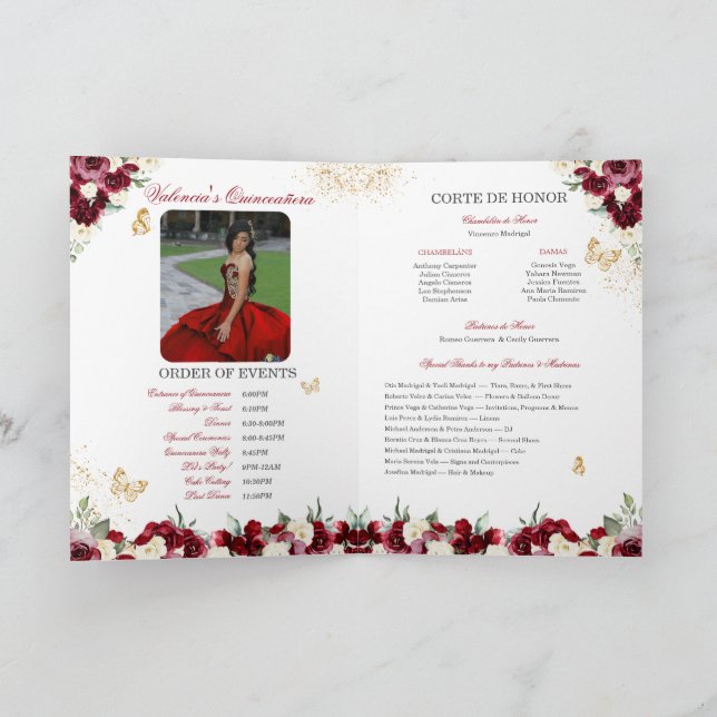 Programme Burgundy Rouge Floral Tiara Butterfly Quinceanera (Intérieur)