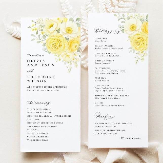 Programme Butter Yellow Ivory Floral Wedding Ceremony (butter yellow ivory floral wedding program card, ceremony program front and back, elegant stationery)