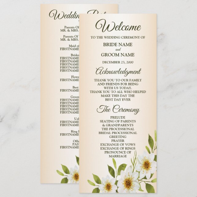 Programme Cadre Doré Rustique Fleurs Blanches Mariage Péché (Devant / Derrière)