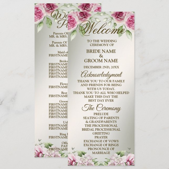 Programme Cadre floral rose aquarelle Fête Bronze brillant (Devant / Derrière)