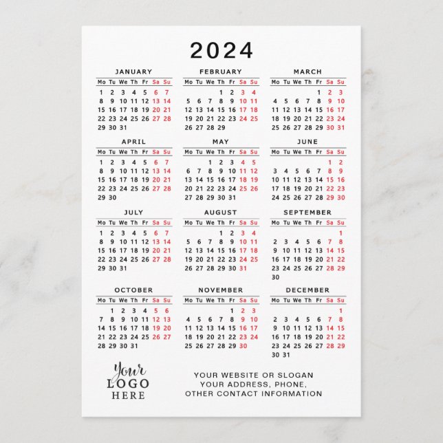 Programme Calendrier de l'année 2024 blanc noir rouge minima (Devant)