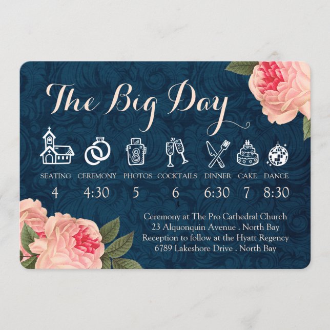 Programme Calendrier de mariage aux pivoines corail et bleu  (Devant)