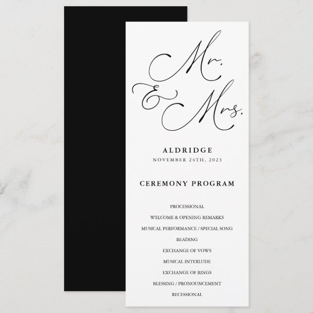 Programme Calligraphie Noire Et Blanc M. Et Mme Mariage (Devant / Derrière)