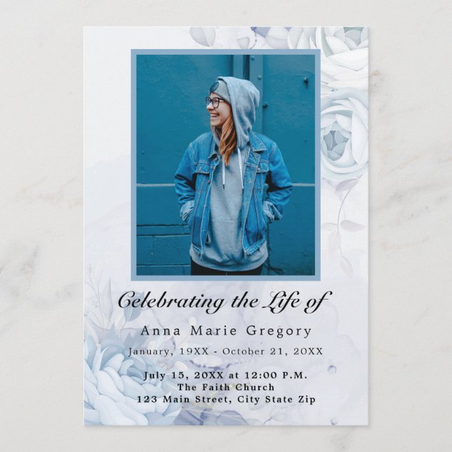 Programme Célébration de la vie Bleu Photo Élégante Florale (Devant)