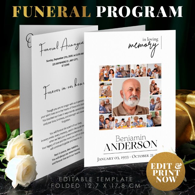 Programme Célébration de la vie, Nécrologie, Photo Collage f (Funeral Program  Foldable,Celebration of Life,Elegant Obituary,Photo Collage, Order of Service)