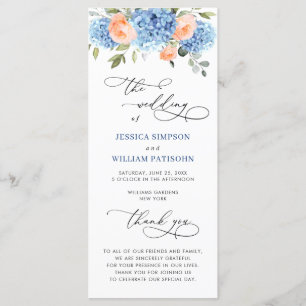 Programme Cérémonie de Mariage Blue Hydrangea Blush Rose Ros