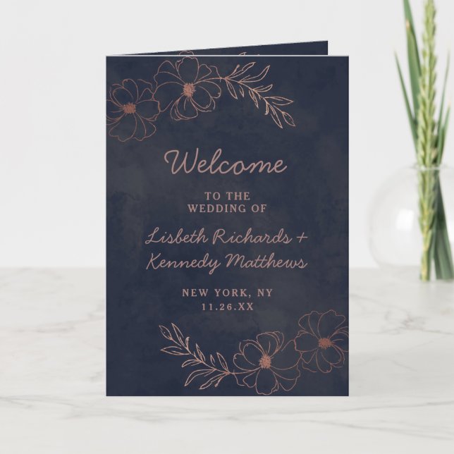 Programme Cérémonie de Mariage chic Blue & Rose Gold Foil de (Devant)
