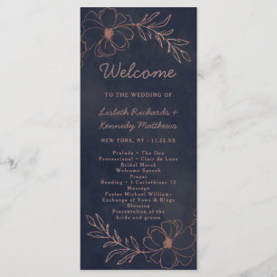 Programme Cérémonie de Mariage chic Blue & Rose Gold Foil de
