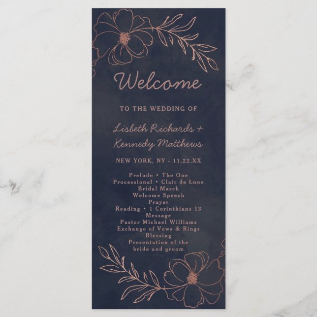 Programme Cérémonie de Mariage chic Blue & Rose Gold Foil de (Devant)