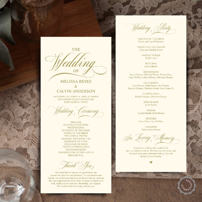 Programme Cérémonie de mariage élégante avec écriture dorée  (Elegant Cream and Grey Script Wedding Ceremony Order Program Card in Cream and Gold)