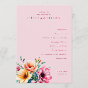 Programme Cérémonie de mariage floral rose romantique