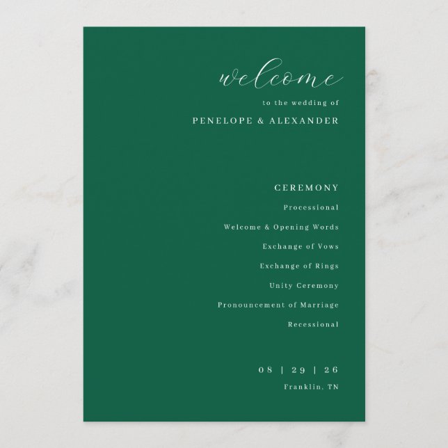 Programme Cérémonie de mariage vert élégant (Devant)