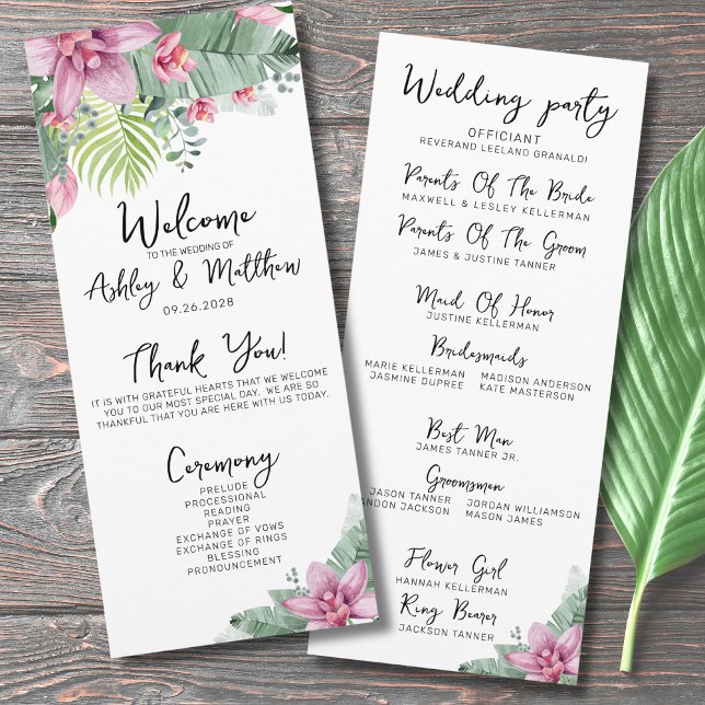 Programme Cérémonie des Mariages tropicaux floraux (Chic Floral Palm Tropical Elegant Wedding Ceremony Program)