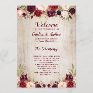 Programme Cérémonie des Russes Wood Burgundy Floral Mariage
