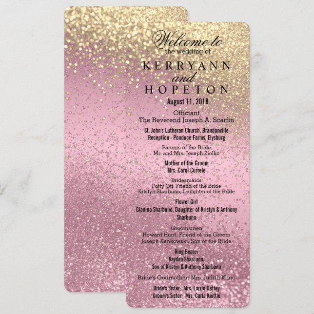 Programme Cérémonie du Mariage de Parties scintillant rose e (Devant / Derrière)