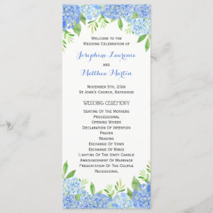 Programme Cérémonie Mariage de Blue Hydrangea Floral Greener