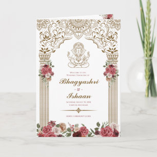 Programme Cérémonie Mariage hindoue (rose rouge or) pliée