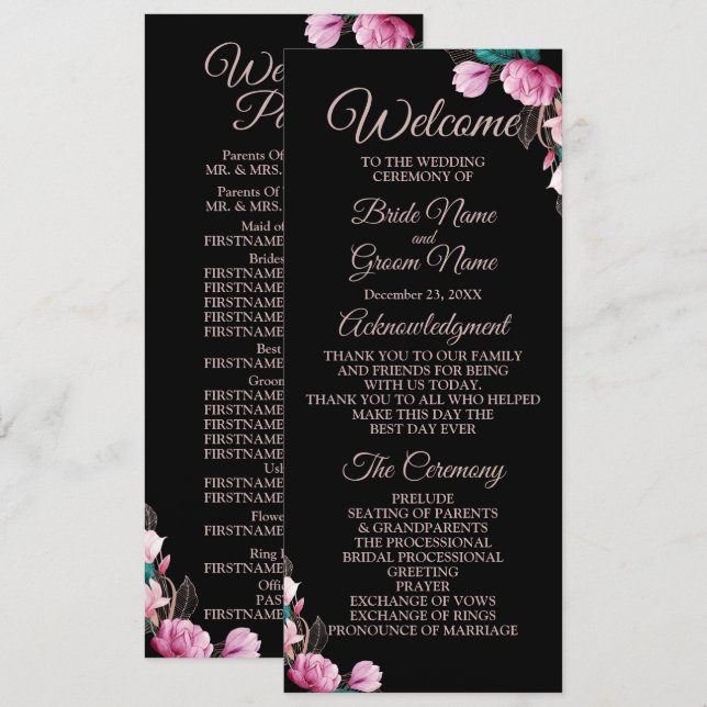 Programme Cérémonie mariage rose Floral Noir moderne (Devant / Derrière)