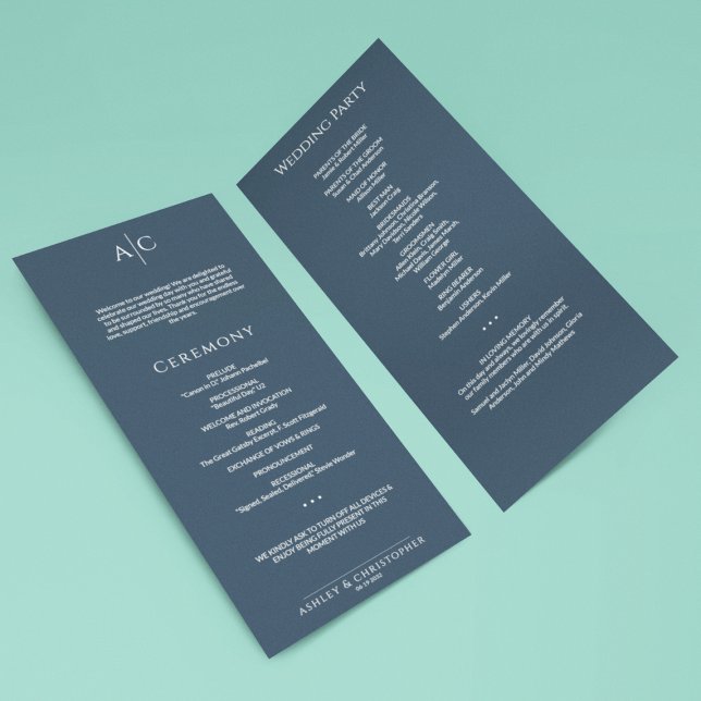 Programme Cérémonie simple de Mariage de Monogramme bleu mar (Créateur téléchargé)