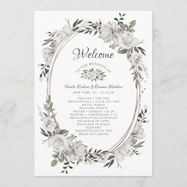 Programme Cérémonie vintage de Mariage blanc cerisâtre flora (Devant)