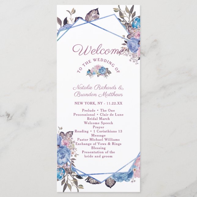 Programme Charme parisien Cérémonie de Mariage Floral Bleu & (Devant)