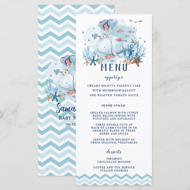 Programme Chic Baleine nautique Bleu Chevron Baby shower gar (Devant / Derrière)
