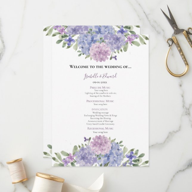 Programme Chic Dusty Blue Lilac Aquarelle Florale Mariage (Devant/Arrière en situation)