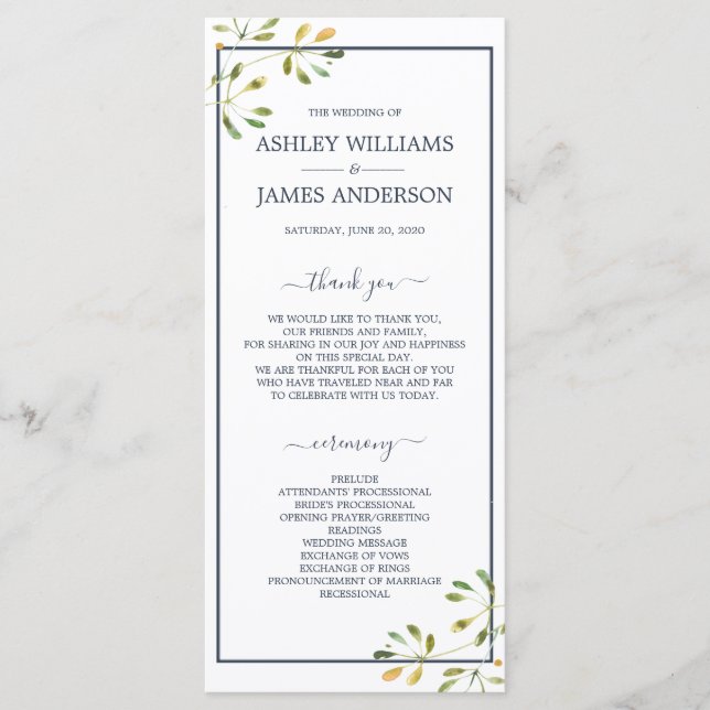 Programme Chic Eucalyptus Green Navy Mariage botanique bleu (Devant)