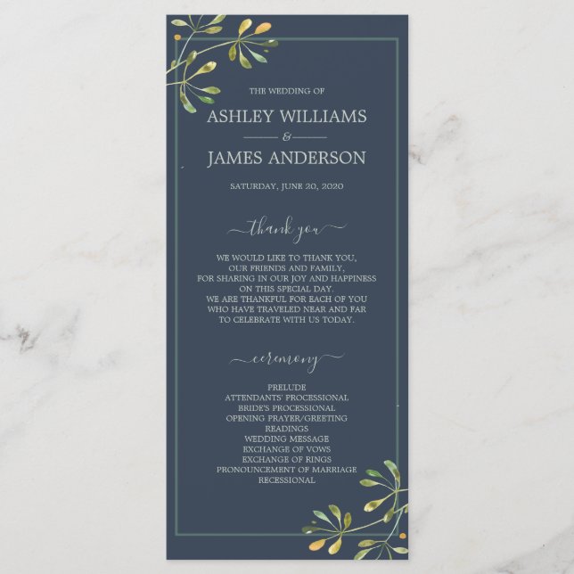 Programme Chic Eucalyptus Green Navy Mariage botanique bleu (Devant)