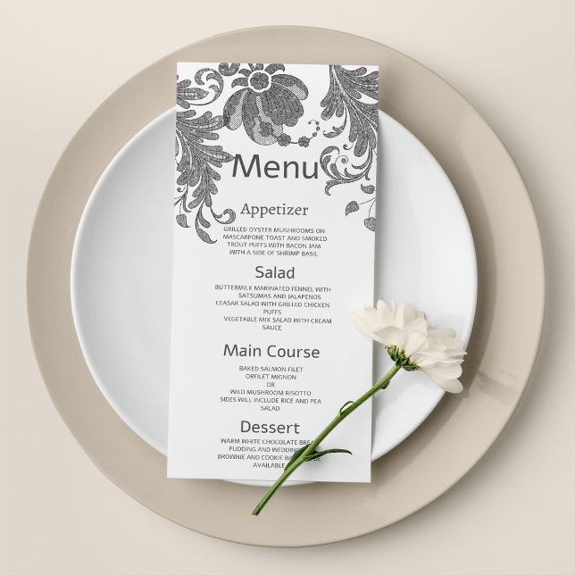Programme Chic noir blanc parties scintillant dentelle fleur (Chic black white glitter floral lace Wedding Menu )