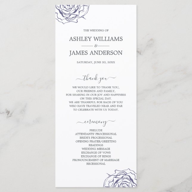 Programme Chic Script Floral Marine Rose bleu Mariage simple (Devant)