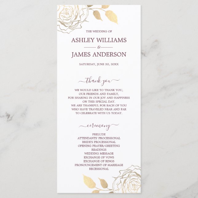 Programme Chic Script Gold Floral Rose Simple Mariage (Devant)