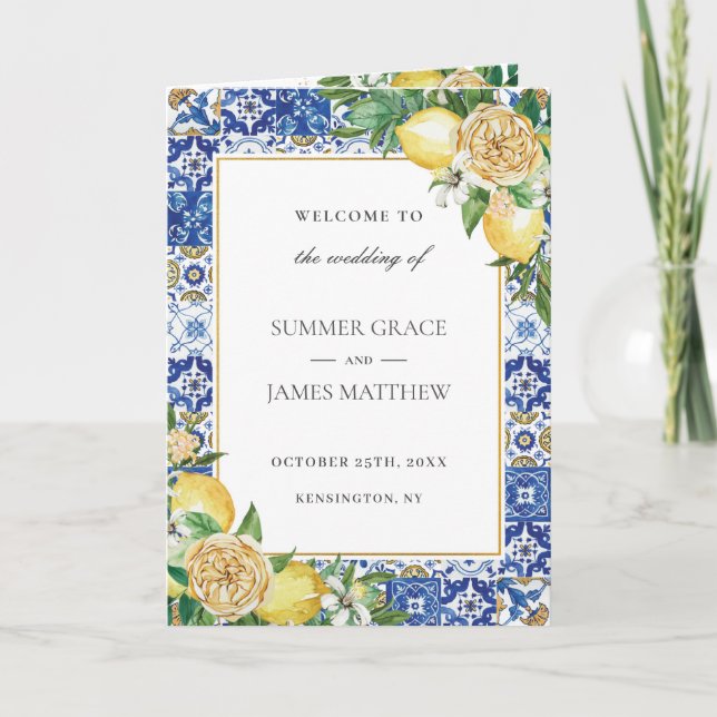 Programme Citron vert Floral Azur mosaïque Carreaux Mariage (Devant)