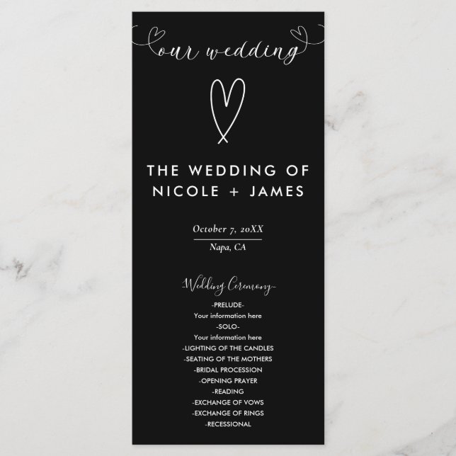 Programme Coeurs modernes Noir & Blanc Mariage minimal (Devant)