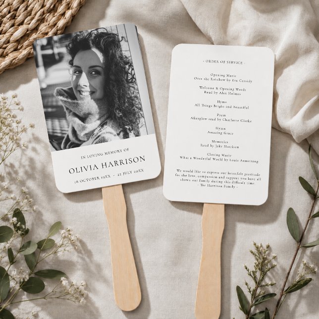 Programme commémoratif éventail à main | Ordre de  (Personalized memorial hand fan with photo and order of service for funeral guests.)