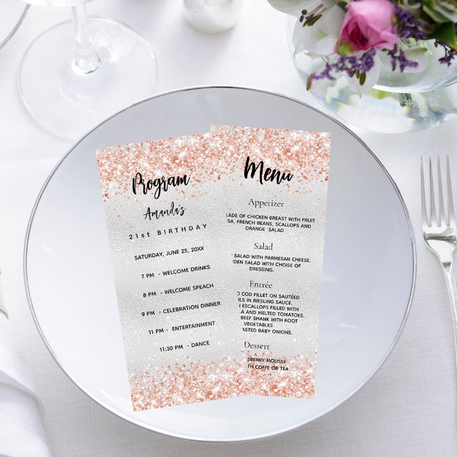 Programme d'anniversaire Menu argent rose or confe (Créateur téléchargé)