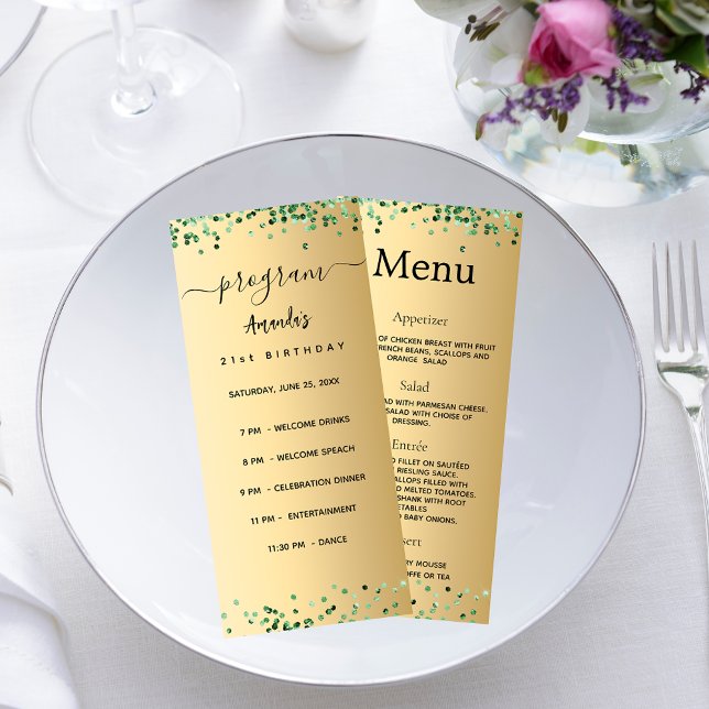 Programme d'anniversaire Menu or vert (Créateur téléchargé)