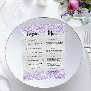 Programme d'anniversaire Menu violet argenté confe