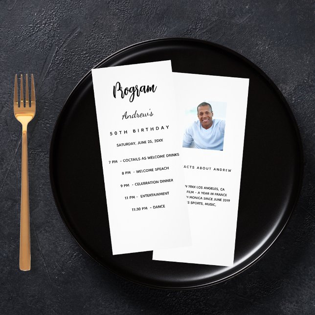 Programme d'anniversaire noir blanc photo faits am (Créateur téléchargé)